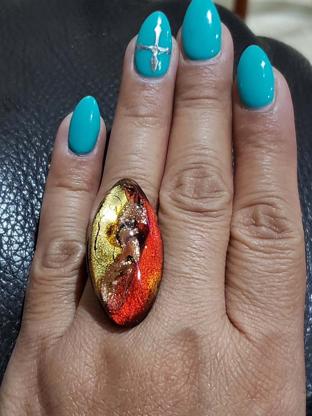 Handmade Gold and Red Oval Glass Statement Ring